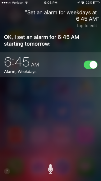Экран подтверждения создания будильника в Siri