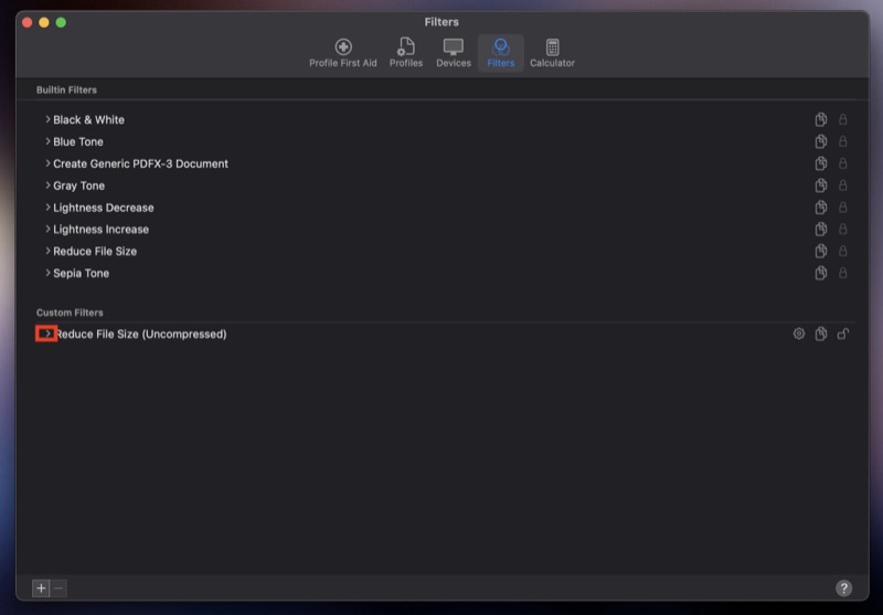 Раскрытие параметров кастомного фильтра в ColorSync Utility