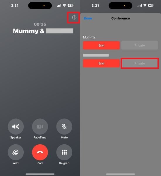 Экран вызова с опцией приватного разговора с участником