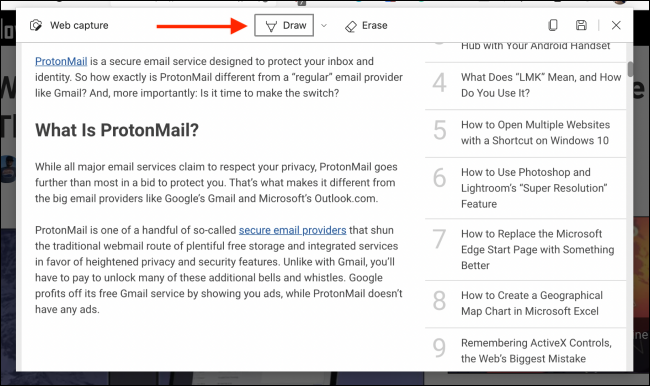 Нажмите кнопку Рисовать в Web Capture