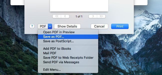Окно печати на macOS с меню PDF внизу диалога