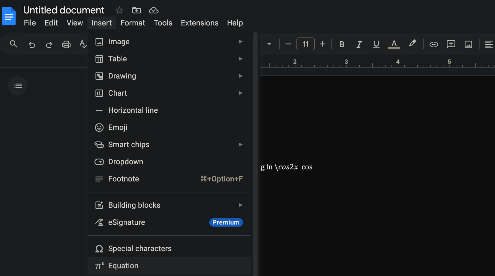 Выпадающее меню 'Вставка' в Google Docs