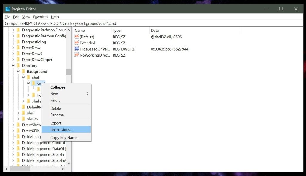 Права доступа к ключу CMD