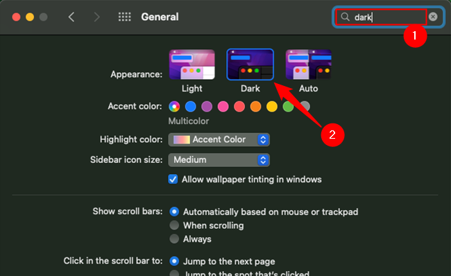 Поиск опции «Тёмный» в системных настройках macOS, затем выбор «Тёмный».