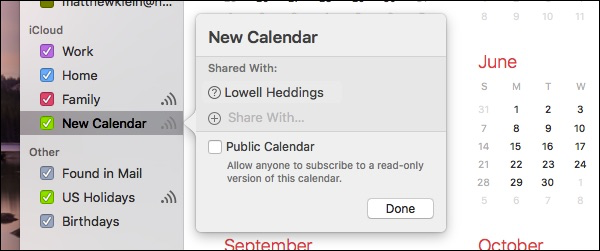 Скриншот: окно настройки общего доступа к календарю на Mac