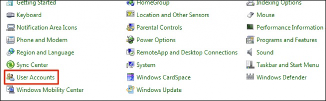Экран «Учетные записи пользователей» в Windows 7