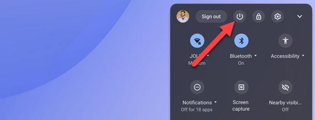 Нажмите значок питания в меню Быстрых настроек