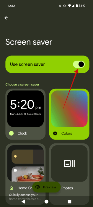 Включение экранной заставки на Android