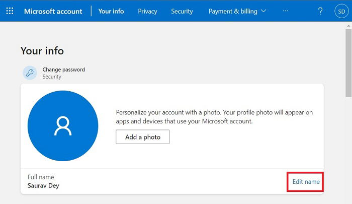 Форма изменения имени в учётной записи Microsoft