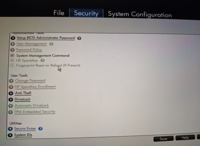Настройки BIOS HP — Secure Erase