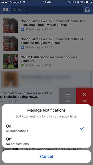 Окно Управлять уведомлениями, чтобы выключить повторяющиеся уведомления
