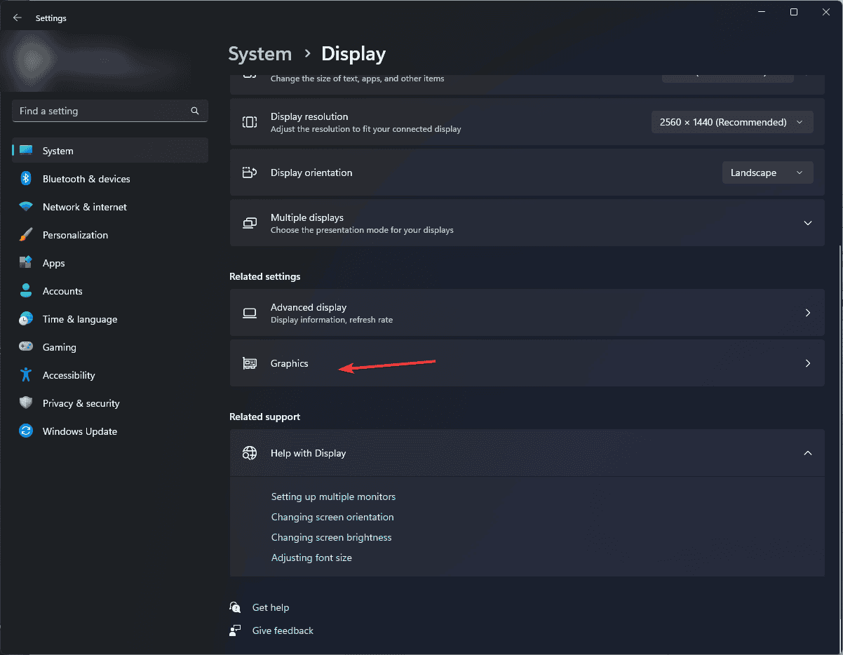 Переход в параметры графики из настроек экрана