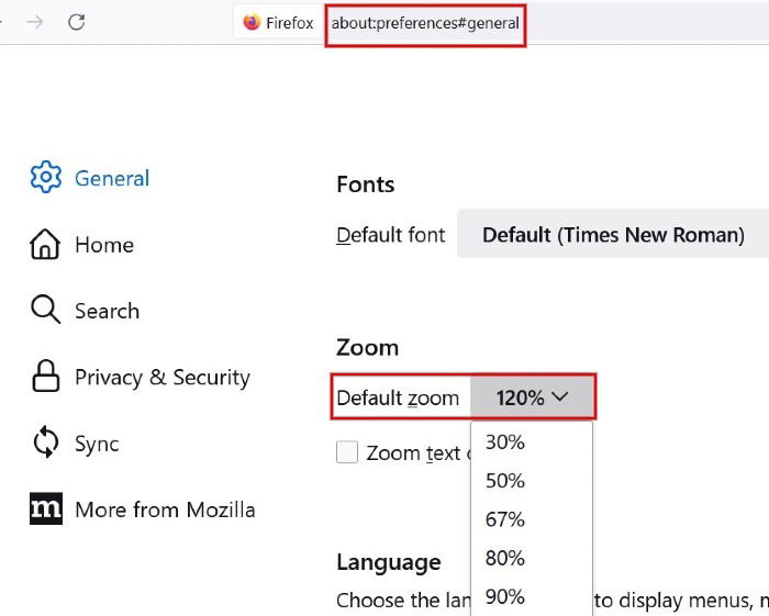 Setting default zoom levels in Firefox browser.