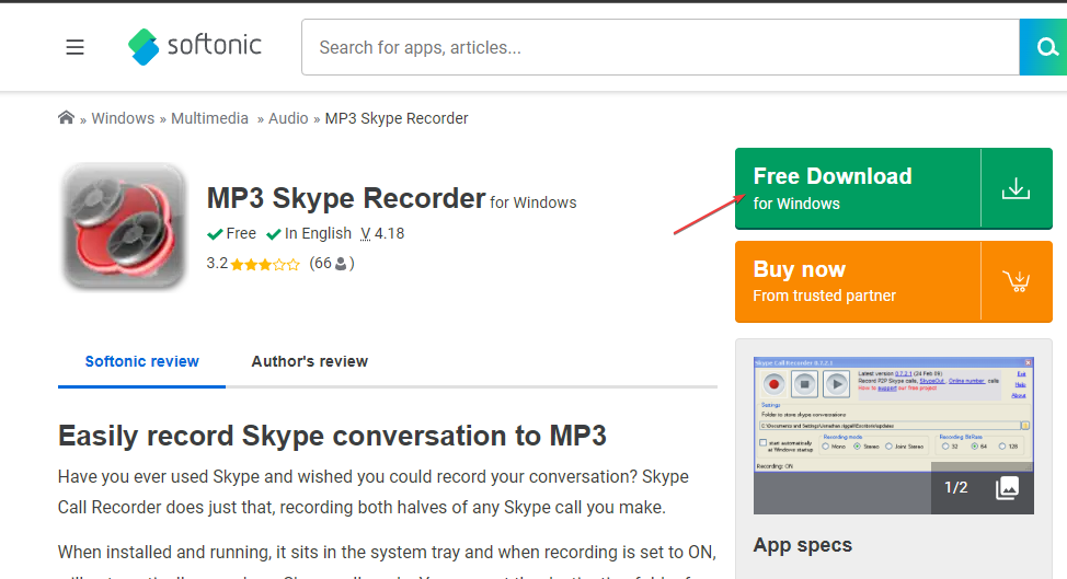 Кнопка Free Downloads на сайте MP3 Skype Recorder