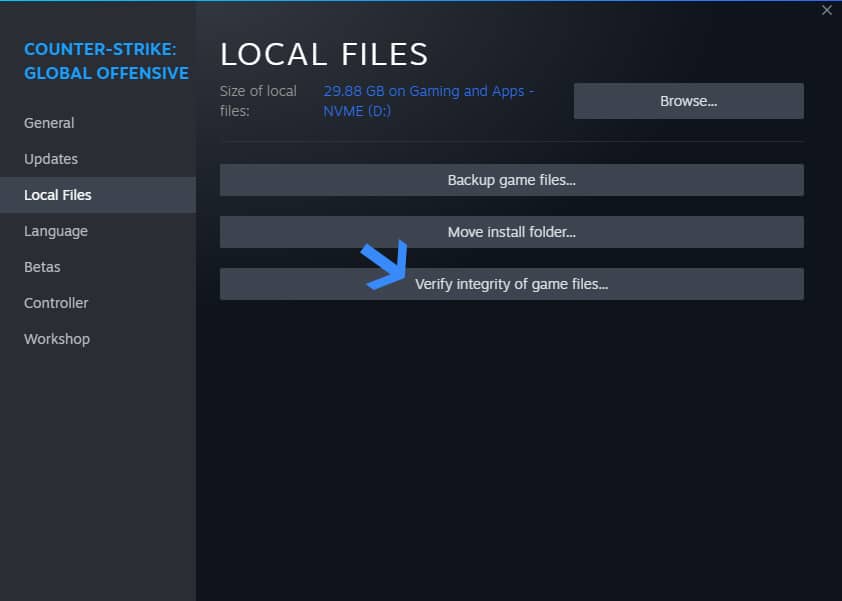 Кнопка 'Проверить целостность файлов игры' в Steam