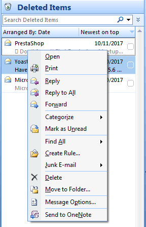 Опция Удалить письмо в Outlook