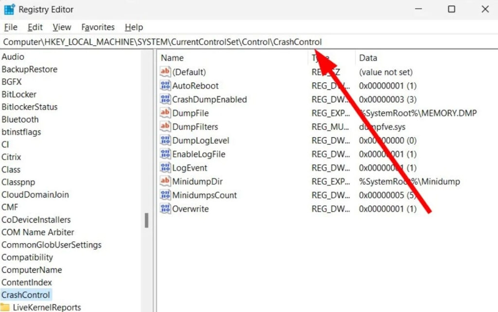 Редактор реестра: CrashControl и создание DisplayParameters