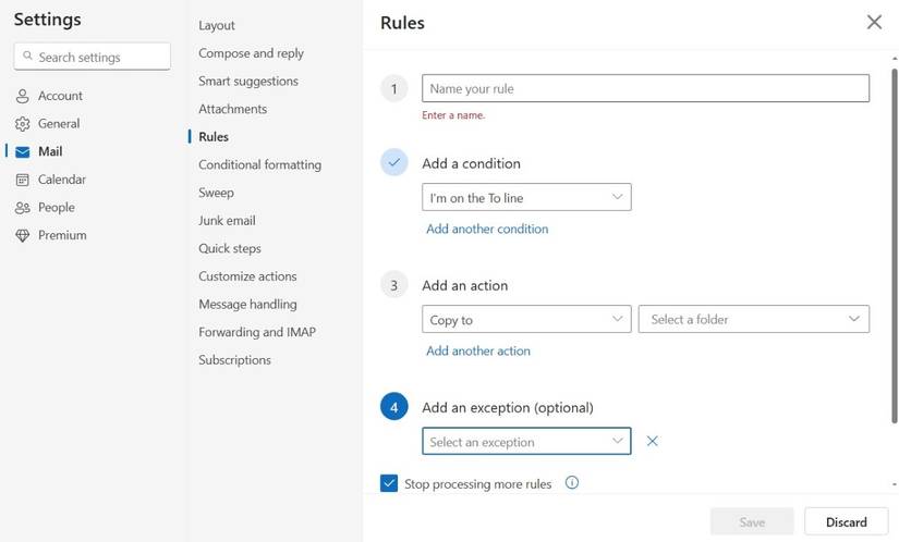 Rules tab selected in Outlook mail settings