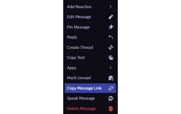 Выбор 'Копировать ссылку на сообщение' в контекстном меню. 