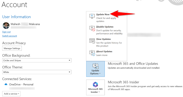 Обновить Outlook через параметры Office.