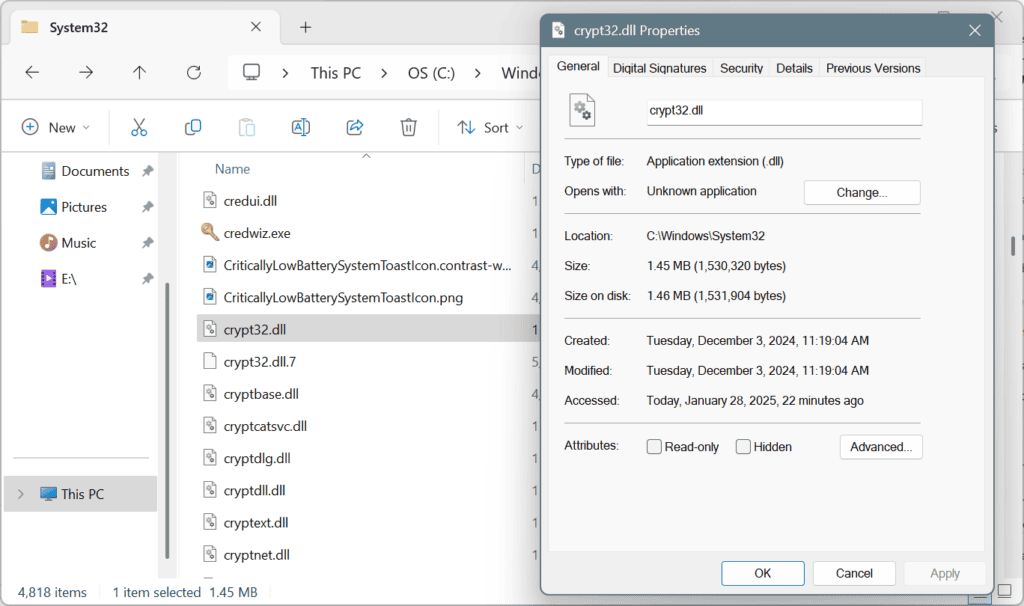 Расположение crypt32.dll в System32