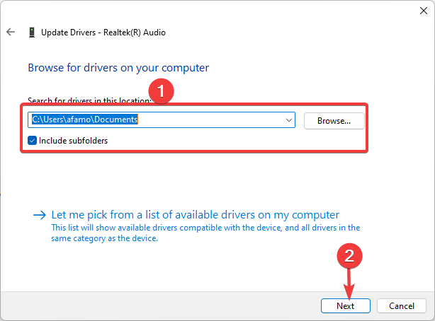 Выбор папки с загруженным драйвером и кнопка 'Next'