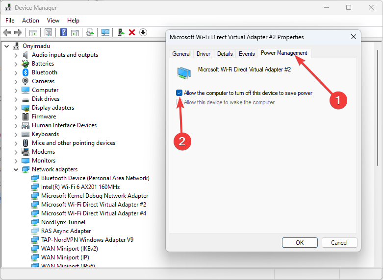Параметры управления питанием сетевого адаптера