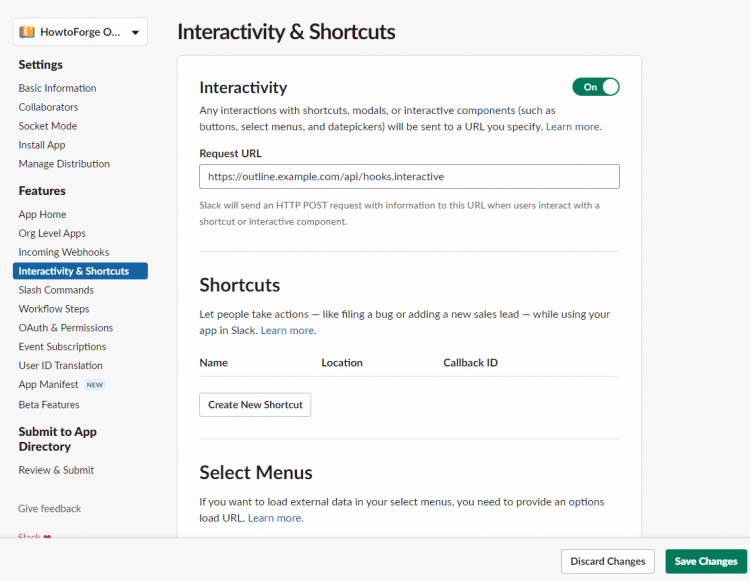 Включение интерактивности Slack для Outline