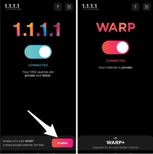 Impostazioni DNS nell'app 1.1.1.1 con opzione WARP evidenziata