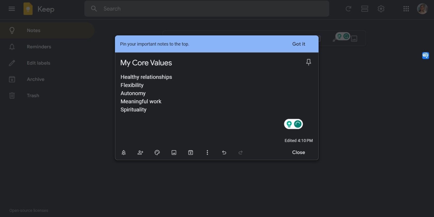список ключевых ценностей в заметках