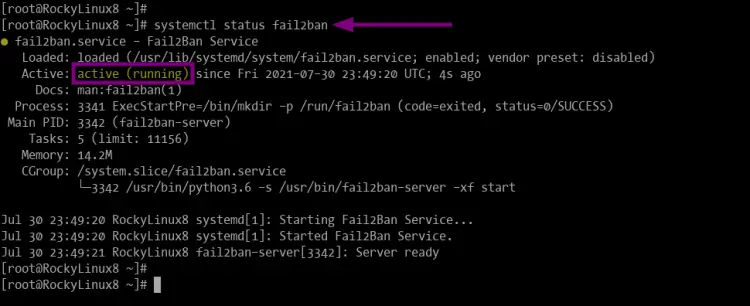Статус сервиса fail2ban активен и запущен