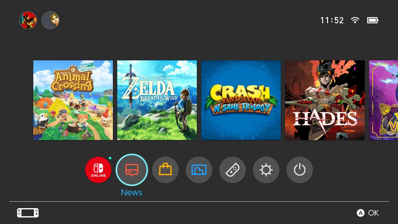 Главный экран Nintendo Switch с выделенным приложением Новости
