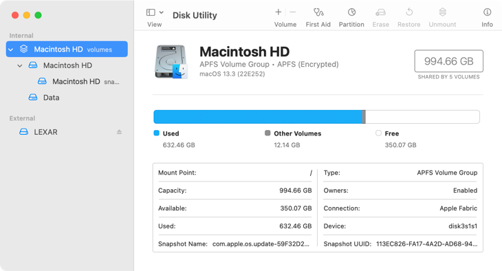 Окно Дисковой утилиты macOS — список томов