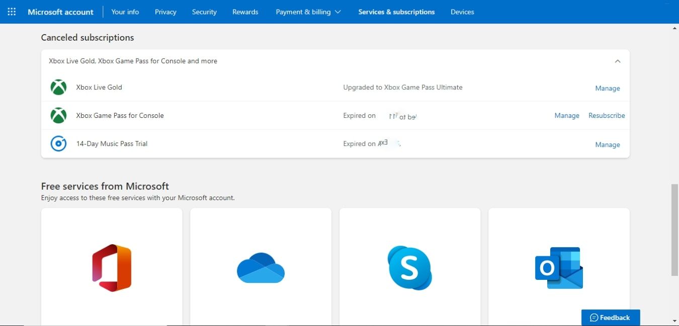 Скриншот отменённых подписок в аккаунте Microsoft с опцией «Возобновить подписку» для Xbox Game Pass