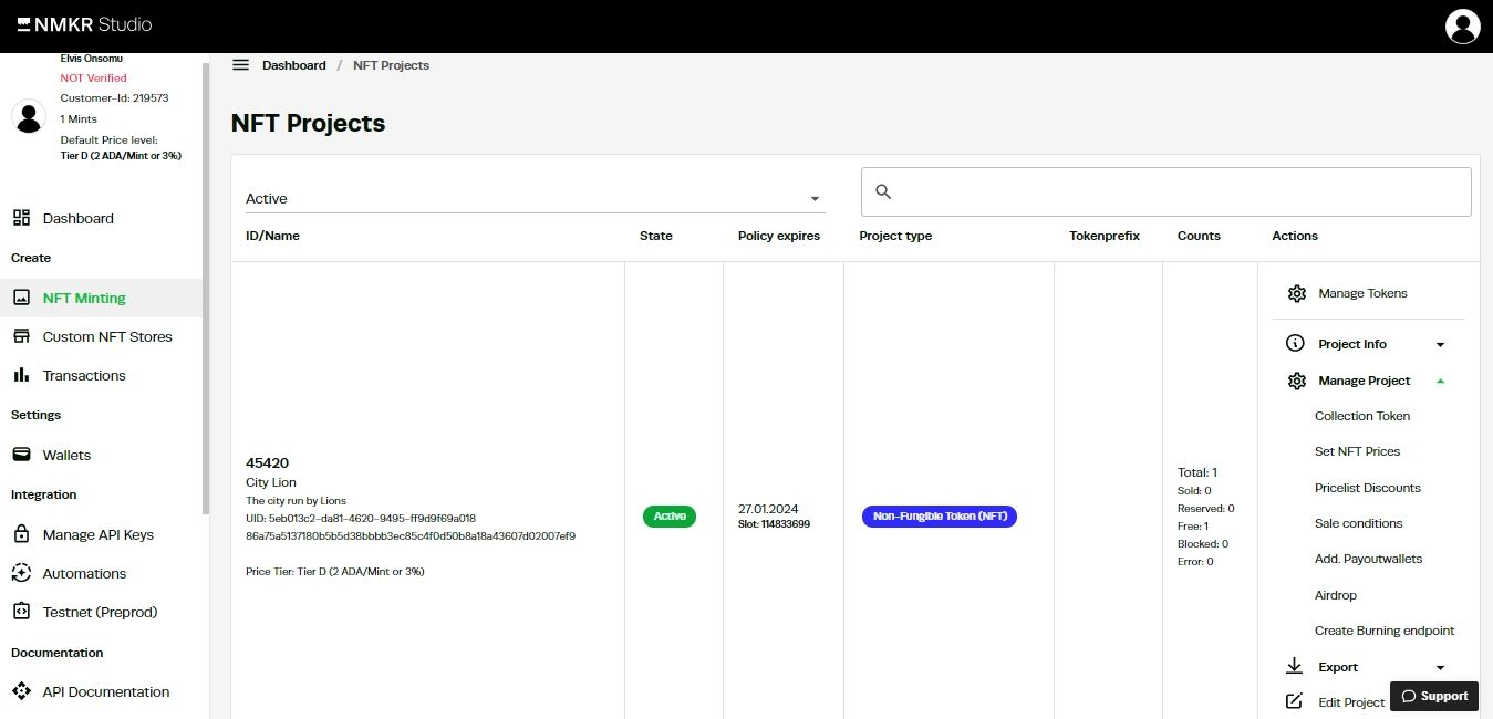 Скриншот NMKR: настройка цен на NFT
