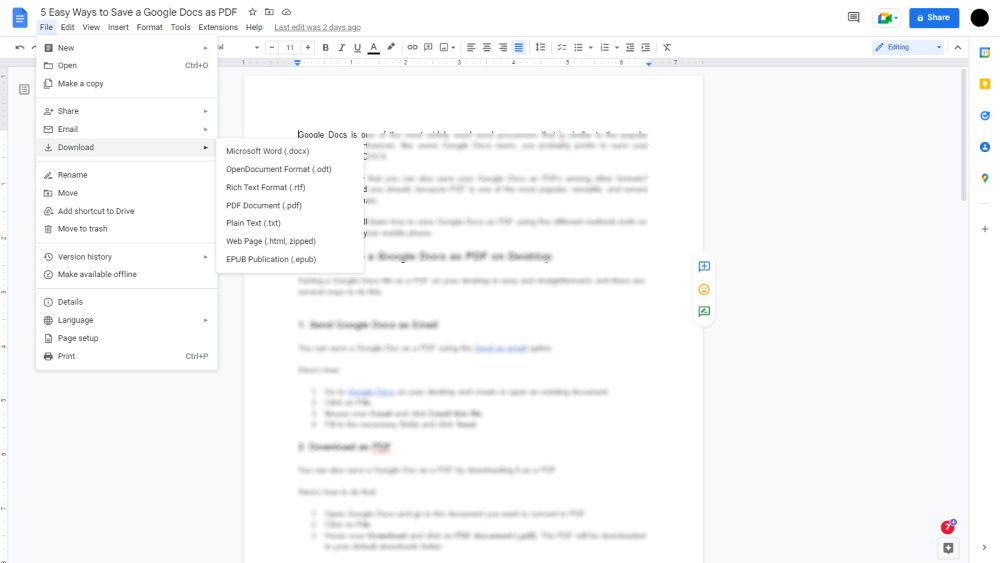 Меню загрузки документа из Google Docs в PDF