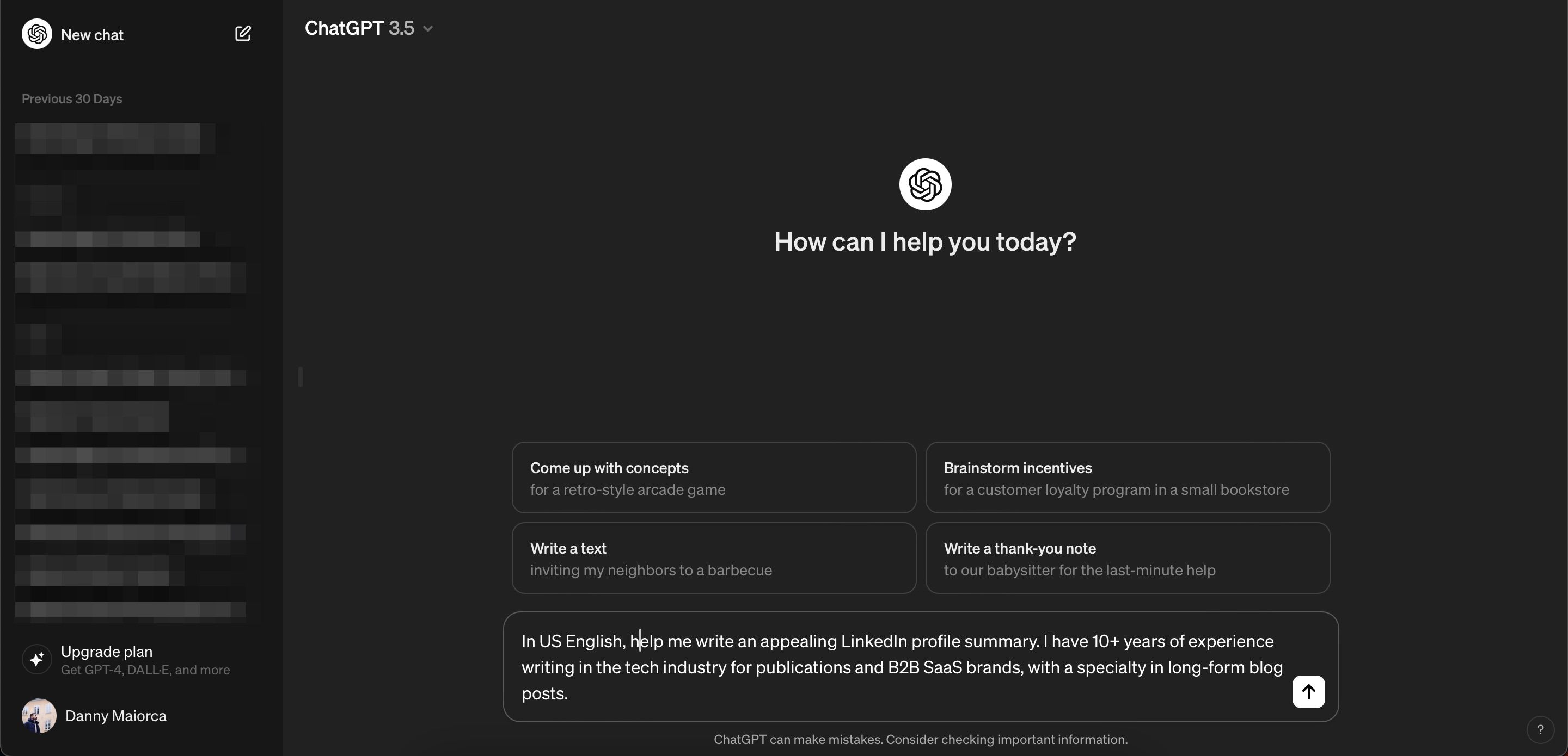 Подсказка для написания профиля LinkedIn в ChatGPT