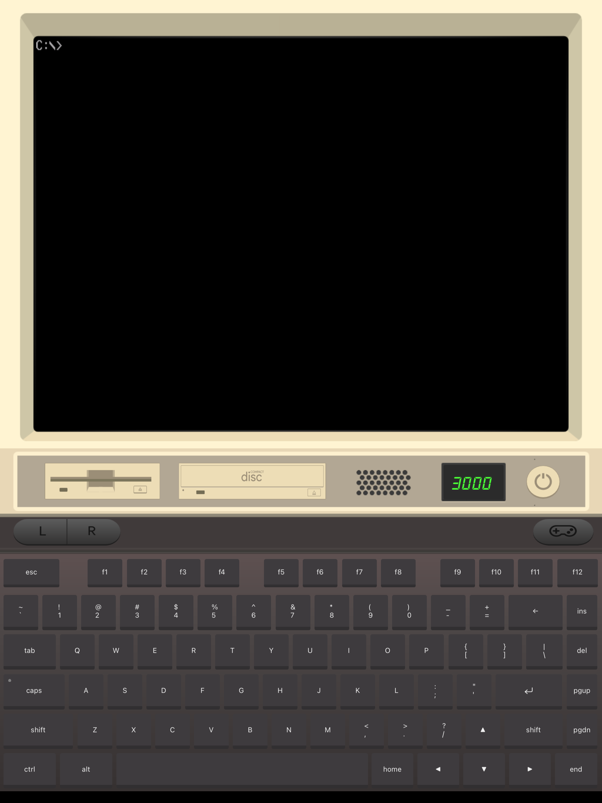 iDOS 3 в портретном режиме с виртуальной клавиатурой и ретро‑интерфейсом.