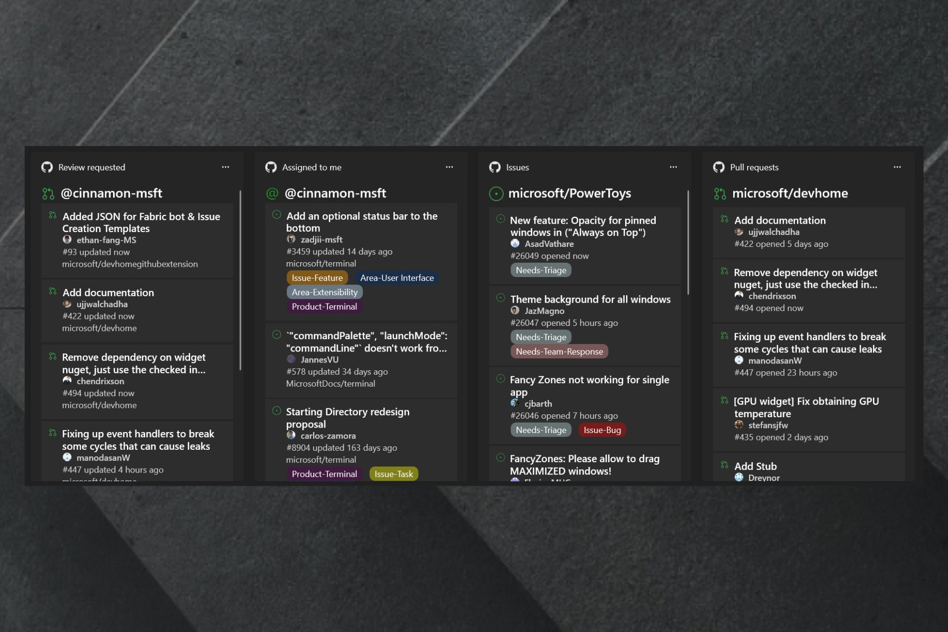 Виджет с информацией о репозиториях GitHub в Dev Home