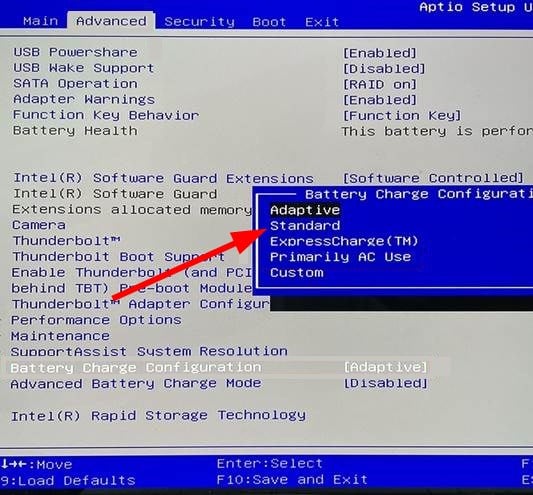 Выбор режима зарядки Standard в BIOS