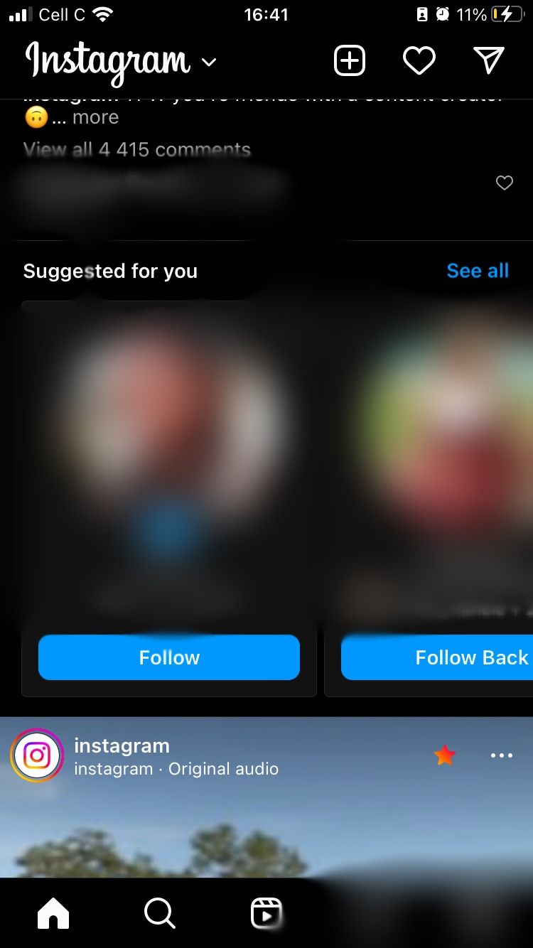 список предложенных аккаунтов в ленте мобильного приложения Instagram
