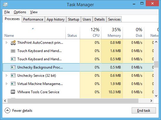 Диспетчер задач с процессом Unchecky