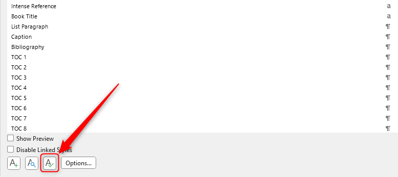 Кнопка 'Управление стилями' в нижней части панели стилей выделена