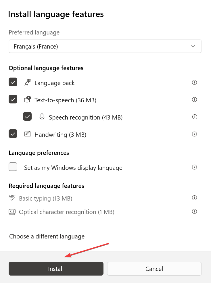 Кнопка Установить для языкового пакета