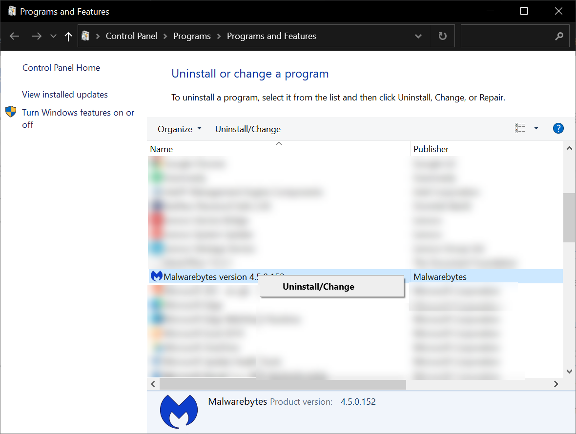Процесс удаления антивируса в Windows