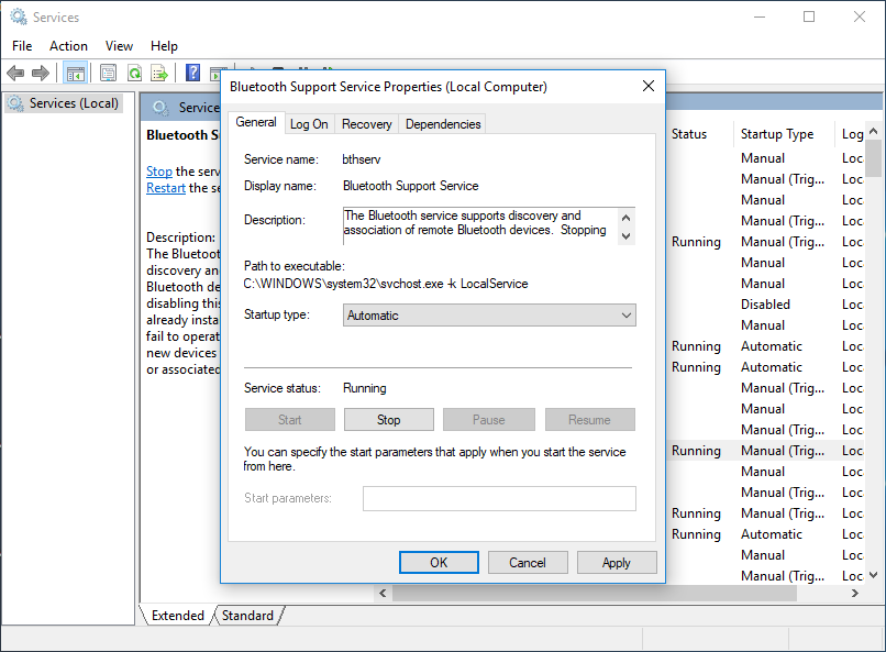 окно служб Windows — Bluetooth Support