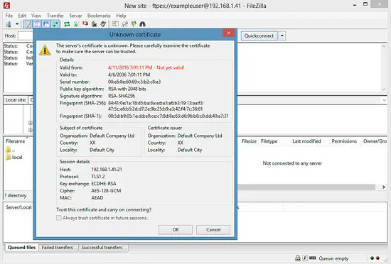 Предупреждение SSL в FileZilla — принять сертификат.