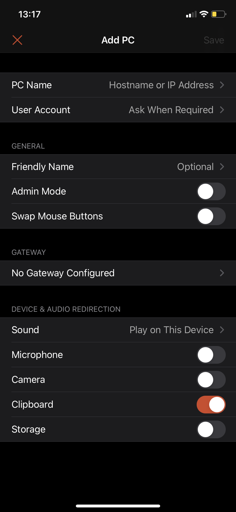 Панель Remote Desktop в iOS