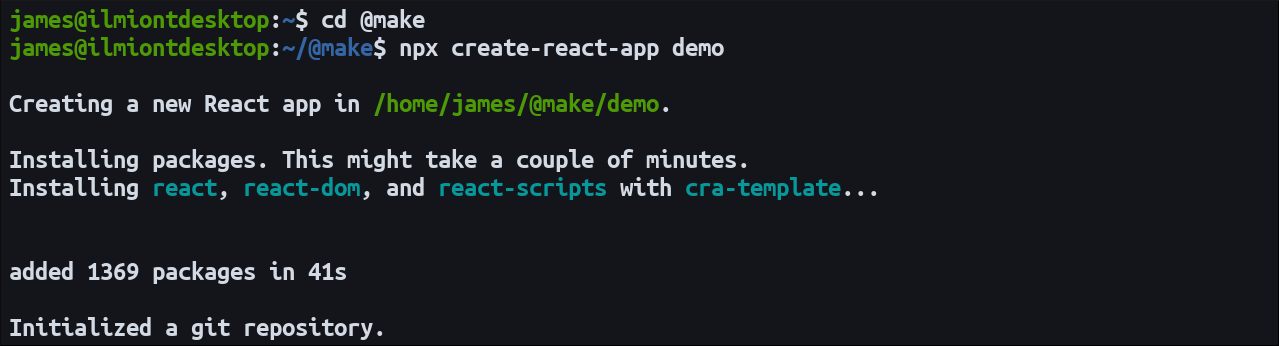 Инициализация проекта React с помощью create-react-app (скриншот)