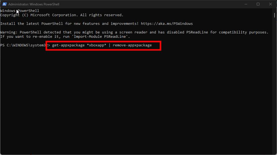 Запуск PowerShell с выполнением команды удаления Xbox
